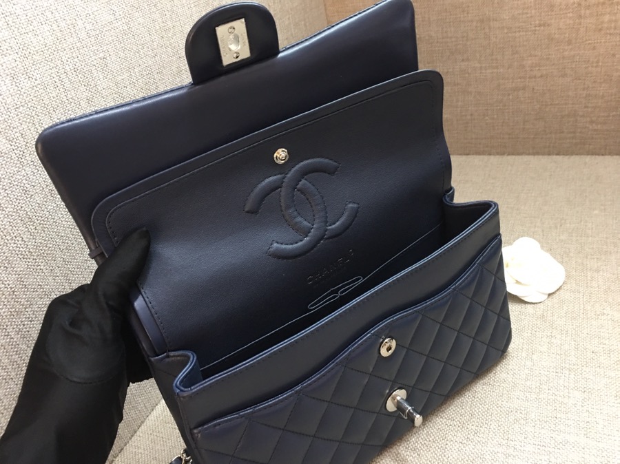 Medium Classic Flap Lambskin Bag AO1112 Dark Blue/Silver